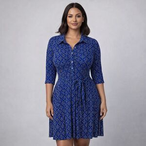 Laundry By Shelli Segal Dress Womens 14 Blue Geometric Fit & Flare Tie Waist